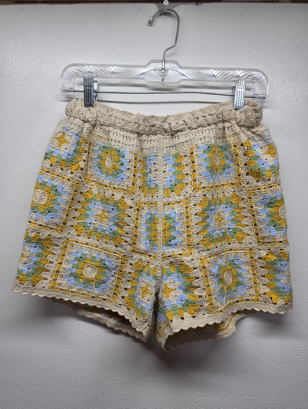 Crochet Square Pattern Women's Shorts in Cream, Yellow & Blue